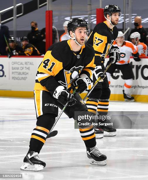 Josh Currie of the Pittsburgh Penguins skates against the Philadelphia Flyers at PPG PAINTS Arena on March 2, 2021 in Pittsburgh, Pennsylvania.