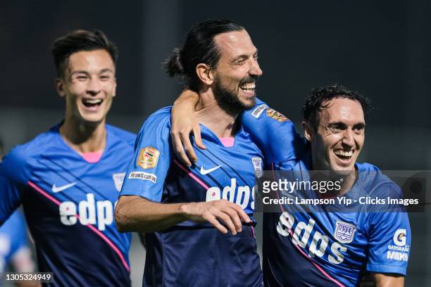Dejan Damjanovic celebrates scoring his first goal for Kitchee during the BOC Life Hong Kong Premier League between Kitchee and Tin Shui Wai Pegasus...