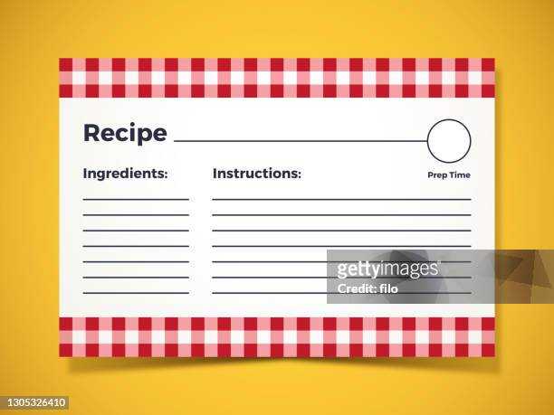 ilustraciones, imágenes clip art, dibujos animados e iconos de stock de tarjeta de instrucciones de ingredientes de receta - recetas