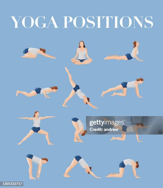 illustration showing a variety of yoga poses - cartoon yoga poses stock illustrations