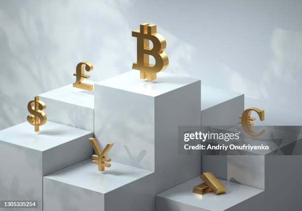 cubic pedestal with currency symbols - digital currency photos et images de collection
