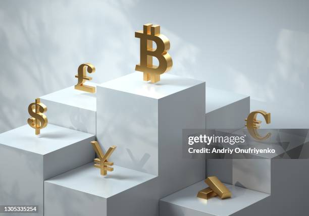 cubic pedestal with currency symbols - simbolo monetario foto e immagini stock
