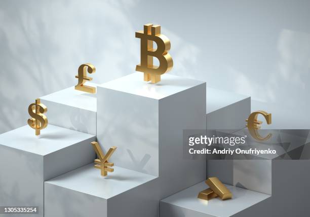 cubic pedestal with currency symbols - gold investment stock pictures, royalty-free photos & images