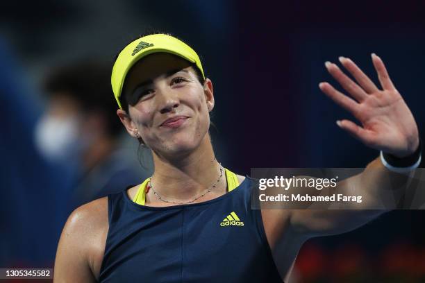 Garbine Muguruza of Spain celebrates after winning her Quarter-Final singles match against Maria Sakkari of Greece during Day Four of the Qatar Total...