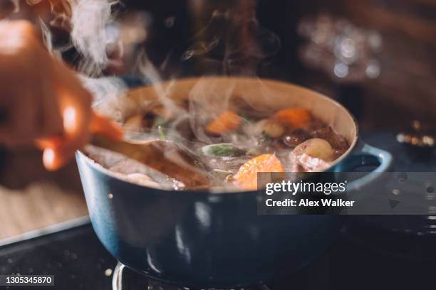 steaming stew in blue cast iron pot on stove - sopa imagens e fotografias de stock
