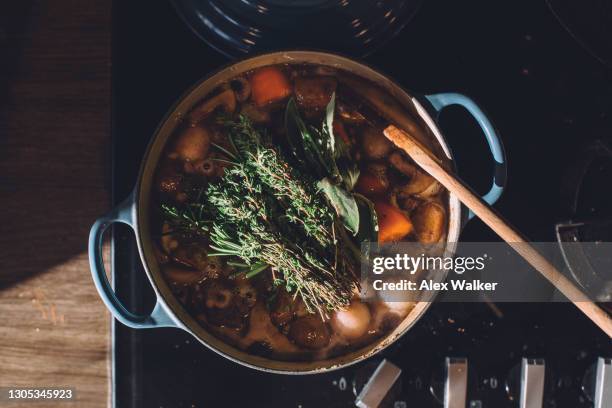 stew in blue cast iron pot on stove - soup vegtables stockfoto's en -beelden
