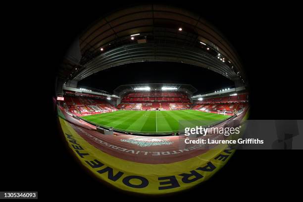 General view inside the stadium prior to the Premier League match between Liverpool and Chelsea at Anfield on March 04, 2021 in Liverpool, England....