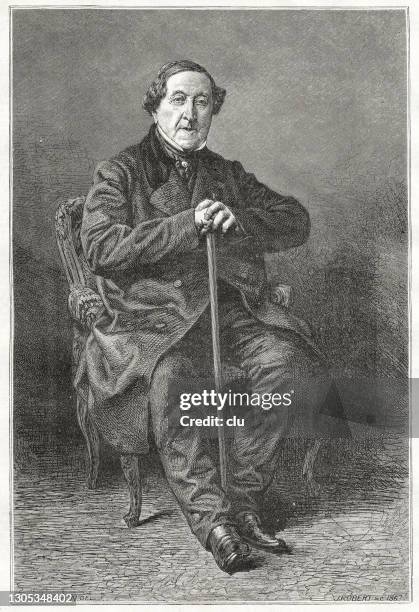 gioachino rossini, sitting on a chair, pole in his hands - composer stock illustrations