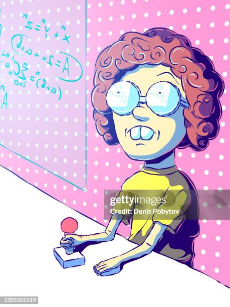 vector cartoon illustration - the boy is engaged in science. - computer learning lab stock illustrations