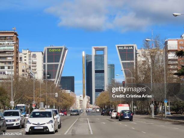 View of the Four Towers from a crossing in Paseo de la Castellana, in Madrid, Spain.