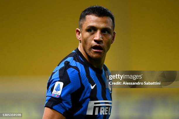 Alexis Sanchez of Internazionale looks on during the Serie A match between Parma Calcio and FC Internazionale at Stadio Ennio Tardini on March 04,...