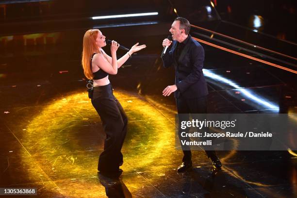 Noemi and Neffa are seen on stage during the 71th Sanremo Music Festival 2021 at Teatro Ariston on March 04, 2021 in Sanremo, Italy.