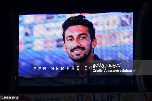 The Big Screen inside the stadium shows a tribute for Davide Astori, former Italian footballer, on the one year anniversary of his death during the...