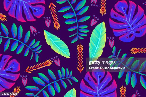bildbanksillustrationer, clip art samt tecknat material och ikoner med kombination av tropiska blommor med fluorescerande ljus - djungel-växter