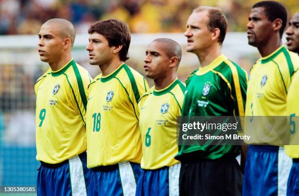 The Brazilian team line up of Ronaldo , Leonardo , Roberto Carlos , Claude Taffarel , Aldair , and Cesar Sampaio before the World Cup Semi Final...