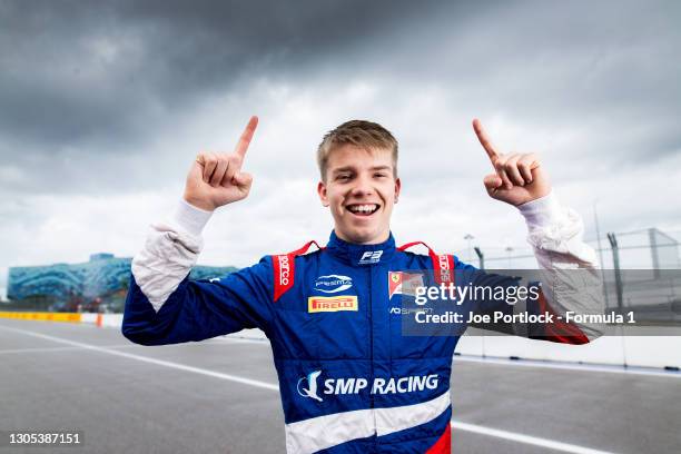 Champion Robert Shwartzman PREMA Racing celebrates in a photo shoot during the Sochi at Sochi Autodrom on September 26, 2019 in Sochi Autodrom,...