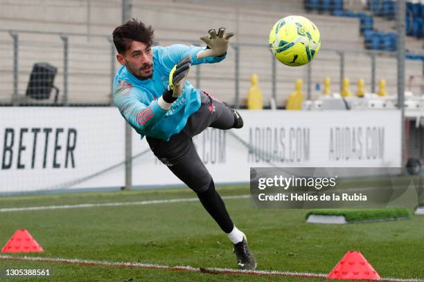 Diego Altube of Real Madrid CF in action during a training session at Valdebebas training ground on March 04, 2021 in Madrid, Spain.