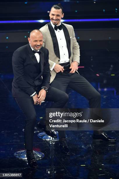 Siniša Mihajlović and Zlatan Ibrahimović are seen on stage during the 71th Sanremo Music Festival 2021 at Teatro Ariston on March 04, 2021 in...