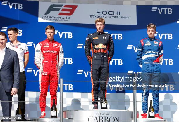 Race winner Juri Vips Hitech Grand Prix, Marcus Armstrong PREMA Racing and Robert Shwartzman PREMA Racing on the podium during the Sochi at Sochi...