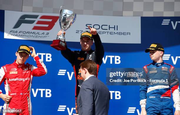 Race winner Juri Vips Hitech Grand Prix, Marcus Armstrong PREMA Racing and Robert Shwartzman PREMA Racing on the podium during the Sochi at Sochi...