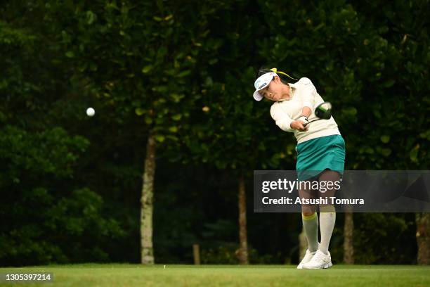 Yui Kawamoto of Japan hits her tee shot on the 11th hole during the second round of the Daikin Orchid Ladies at the Ryukyu Golf Club on March 5, 2021...