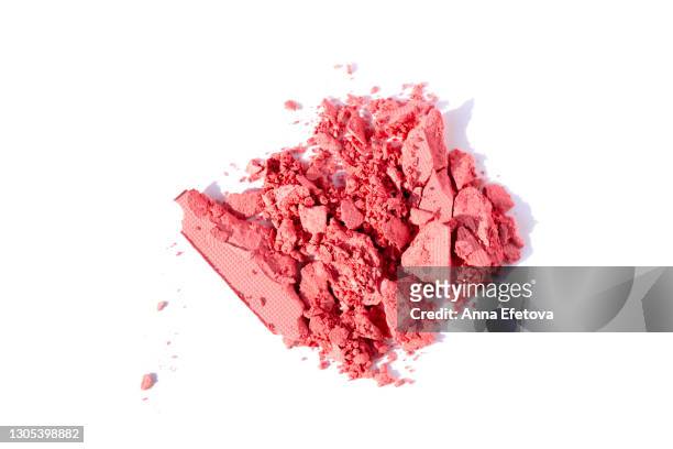 crushed yellow eyeshadows. swatches of decorative cosmetics isolated white background. make-up concept. trendy blush pastel pink color of the year - blusher make up photos et images de collection