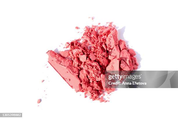 crushed yellow eyeshadows. swatches of decorative cosmetics isolated white background. make-up concept. trendy blush pastel pink color of the year - eyeshadow - fotografias e filmes do acervo