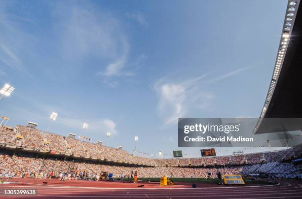 General view of the Montjuic Olympic Stadium and the Olympic Flame during Men's 400 meter hurdles event of the 1992 Summer Olympics on August 3, 1992...