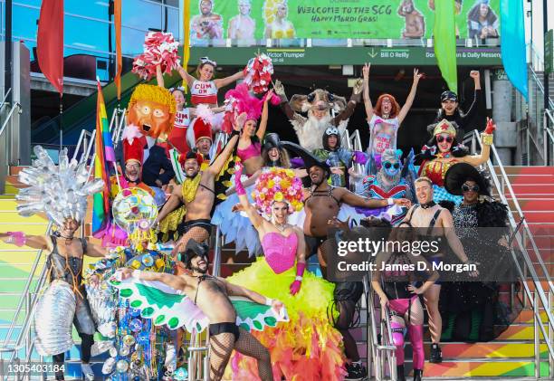 Participants for the weekend's parade during a press conference ahead of the Sydney Gay and Lesbian Mardi Gras Parade at SCG on March 05, 2021 in...