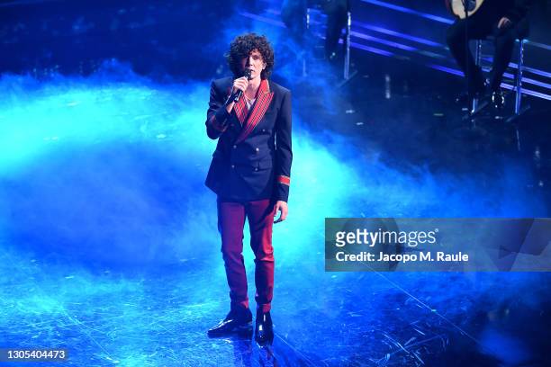 Ermal Meta is seen on stage during the 71th Sanremo Music Festival 2021 at Teatro Ariston on March 04, 2021 in Sanremo, Italy.