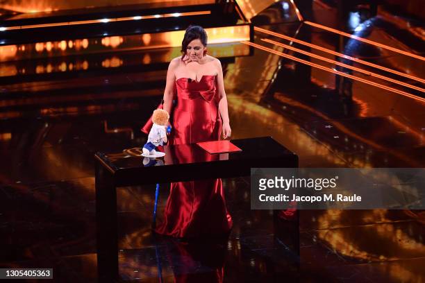 Antonella Ferrari is seen on stage during the 71th Sanremo Music Festival 2021 at Teatro Ariston on March 04, 2021 in Sanremo, Italy.