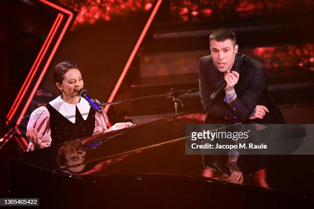 Francesca Michielin and Fedez are seen on stage during the 71th Sanremo Music Festival 2021 at Teatro Ariston on March 04, 2021 in Sanremo, Italy.