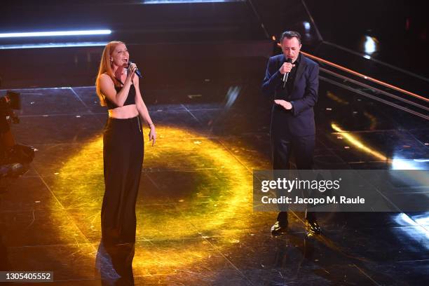 Noemi and Neffa are seen on stage during the 71th Sanremo Music Festival 2021 at Teatro Ariston on March 04, 2021 in Sanremo, Italy.