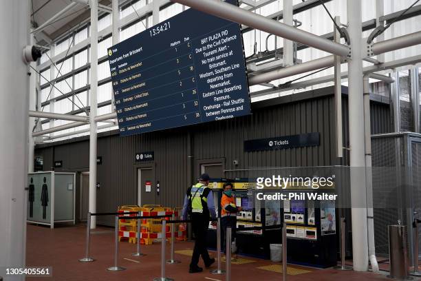 Part of the Britomart train station is closed due to a tsunami warning following a series of earthquakes on March 05, 2021 in Auckland, New Zealand....