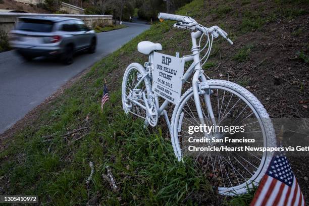 Roadside memorial in memory of Maayan Jones, a cyclist who was killed in a head-on collision on a blind curve in June 2019, is seen on Mount Diablo...