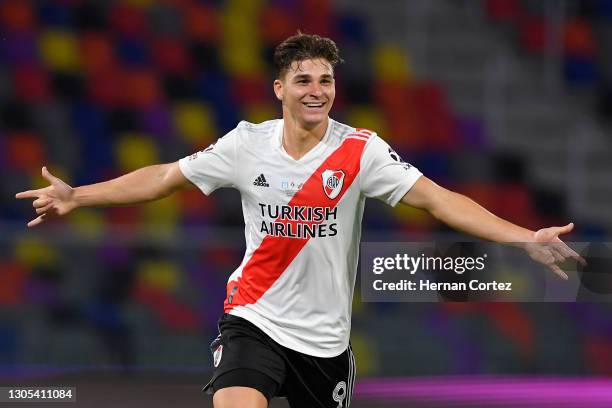 Julián Álvarez of River Plate celebrates after scoring the second goal of his team during a match between Racing Club and River Plate as part of...