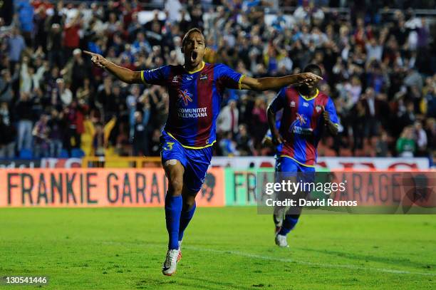 Valmiro Lopes Rocha of Levante UD celebrates after scoring his second team goal during the La Liga match between Levante UD and Real Sociedad at...