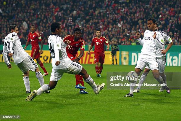 David Alaba of Muenchenscores the second team goal during the DFB Cup second round match between FC Bayern Muenchen and FC Ingolstadt at Allianz...