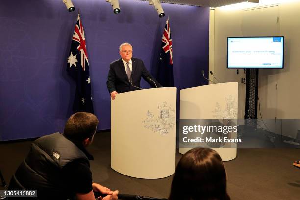 Prime Minister Scott Morrison speaks during a press conference on March 05, 2021 in Sydney, Australia. Sex Discrimination Minister Kate Jenkins has...