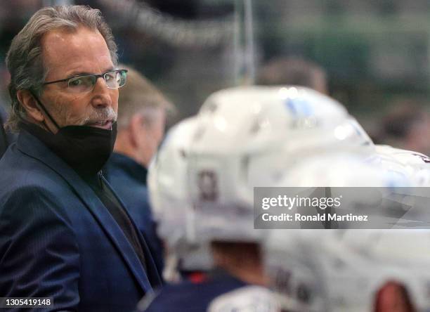 John Tortorella, head coach of the Columbus Blue Jackets in the third period at American Airlines Center on March 04, 2021 in Dallas, Texas.