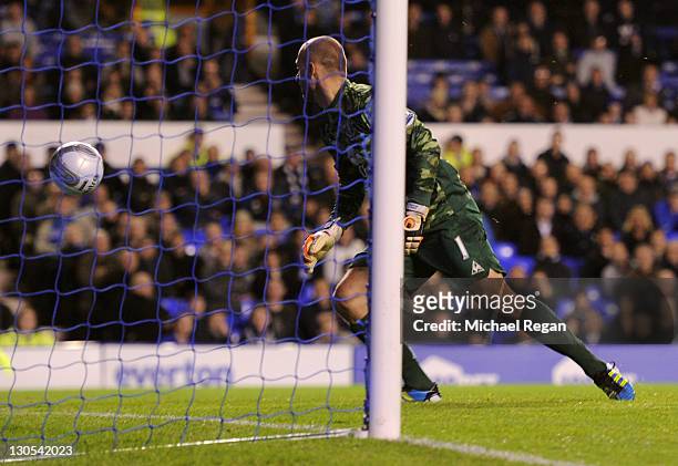 Jan Mucha of Everton watches the lob of Salomon Kalou of Chelsea head for the back of the net for the opening goal during the Carling Cup Fourth...