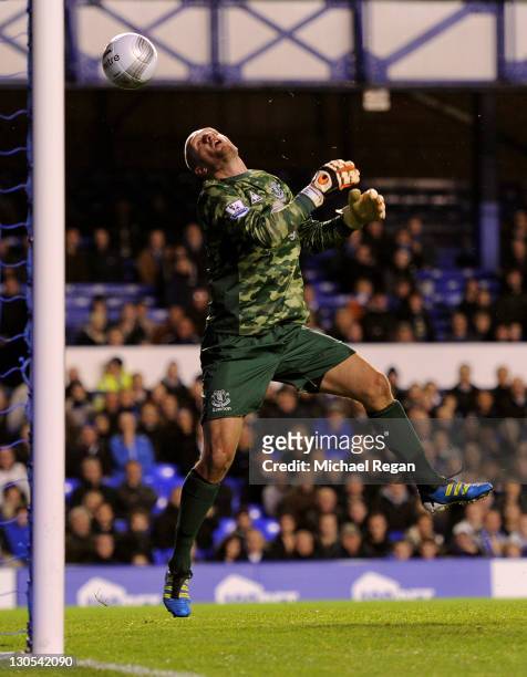 Jan Mucha of Everton watches the lob of Salomon Kalou of Chelsea head for the back of the net for the opening goal during the Carling Cup Fourth...