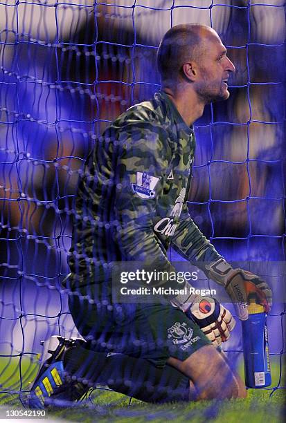 Jan Mucha of Everton looks on from inside the net during the Carling Cup Fourth Round match between Everton and Chelsea at Goodison Park on October...