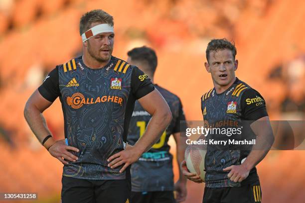 Sam Cane and Brad Weber of the Chiefs during the round two Super Rugby Aotearoa match between the Chiefs and the Highlanders at FMG Stadium Waikato,...