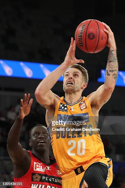 Nathan Sobey of the Bullets drives at the basket during the NBL Cup match between the Perth Wildcats and the Brisbane Bullets at John Cain Arena on...