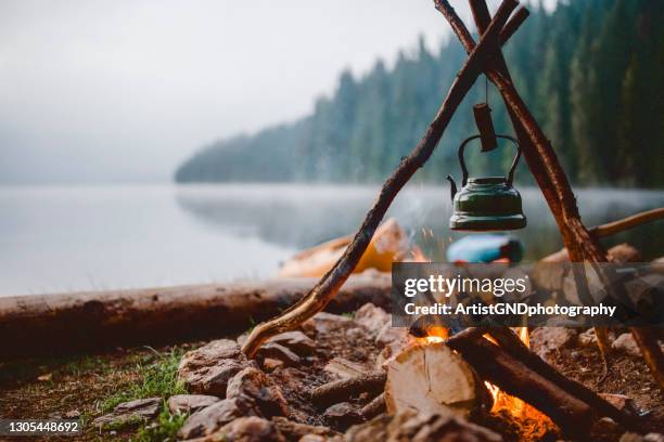 shot of a cute vintage teapot in a campsite near to lake. - woods campfire stock pictures, royalty-free photos & images