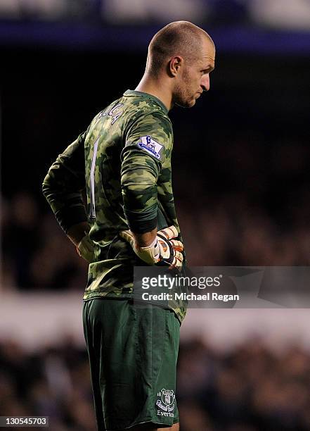 Jan Mucha of Everton looks dejected during the Carling Cup Fourth Round match between Everton and Chelsea at Goodison Park on October 26, 2011 in...