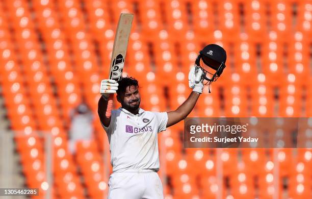 Rishabh Pant of India celebrates reaching his century during Day Two of the 4th Test Match between India and England at the Narendra Modi Stadium on...