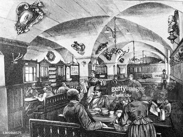 inside the munich hofbräuhaus - brewery stock illustrations