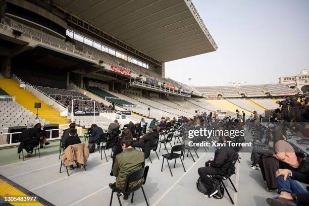 General view of the attendees to the presentation of 'Festivals For A Safe Culture' at Estadi Olímpic Lluís Companys on March 05, 2021 in Barcelona,...